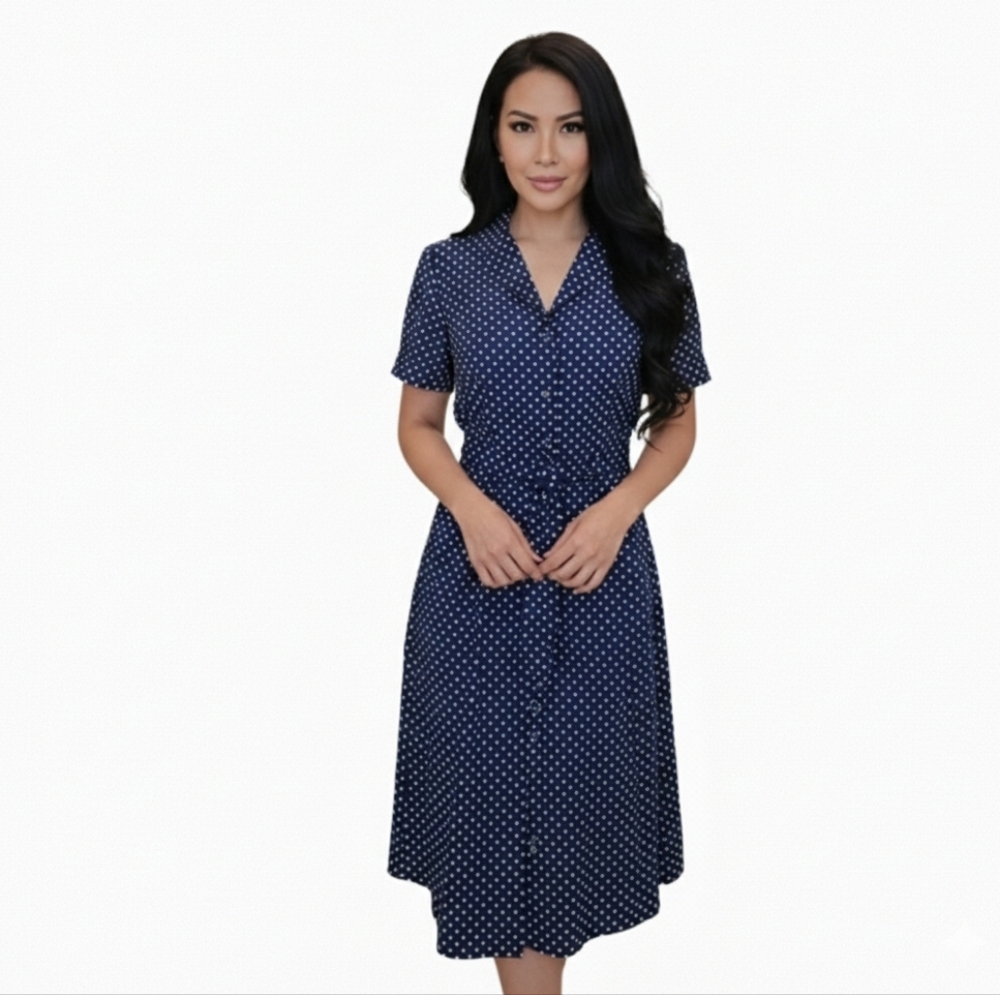 Anne Klein Polka Dot Dress Navy Blue Vintage Size 10